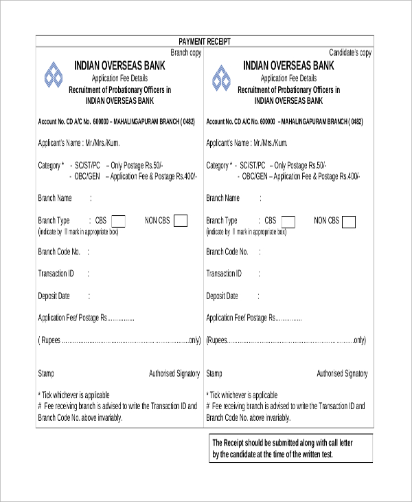 Bank Payment Receipt Format