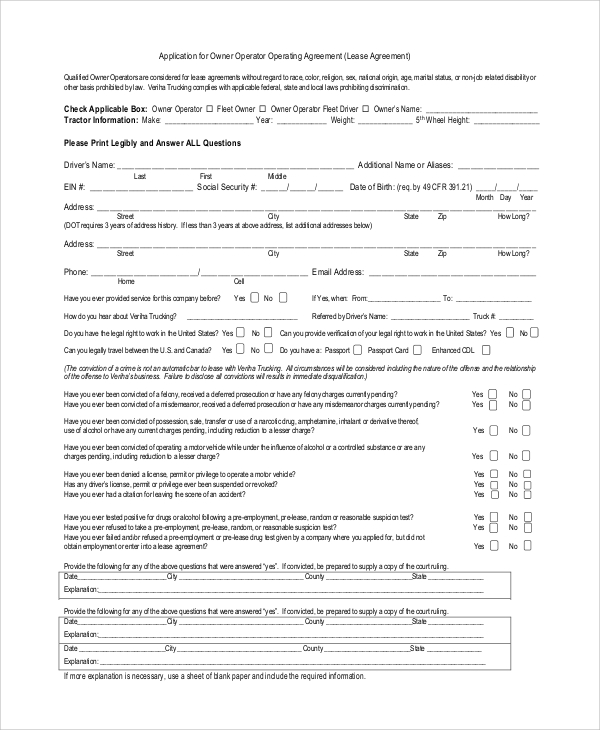 owner operator lease agreement form