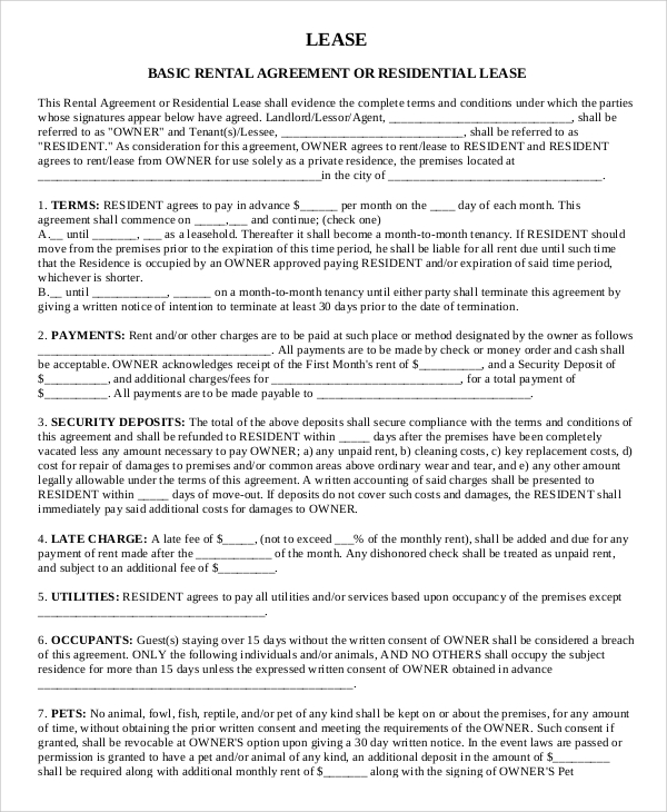 basic rental lease agreement form