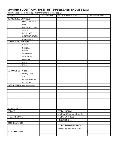 monthly budget expense sheet