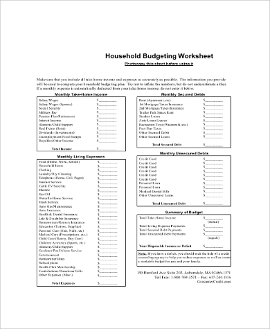 monthly household budget sheet