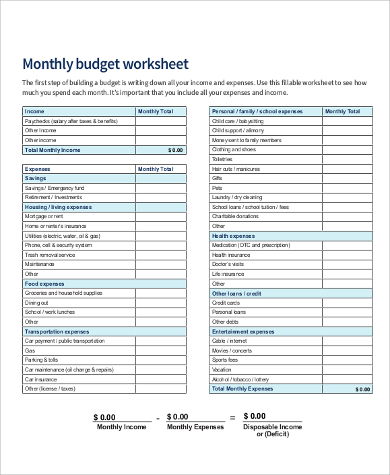 monthly income budget worksheet