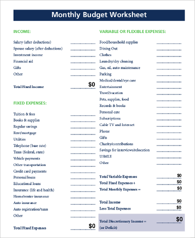 monthly fixed expenses budget sheet