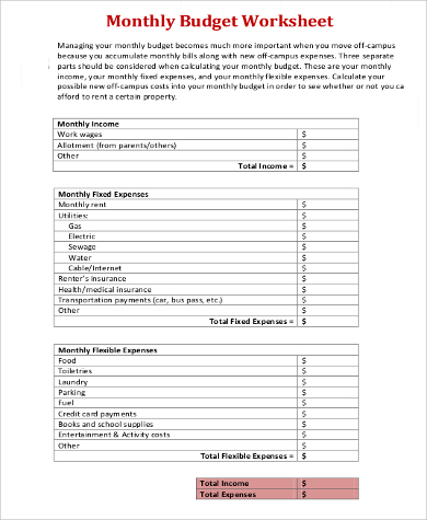 monthly fixed budget sheet