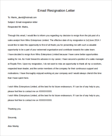 sample of email resignation letter