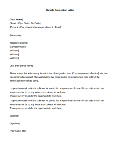 employee resignation email sample format