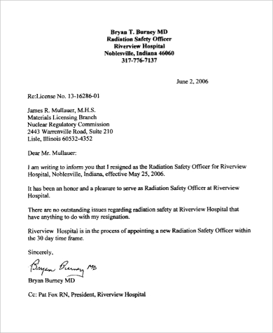 radiation safety officer email resignation letter