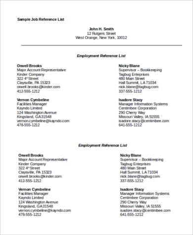 sample reference list for job