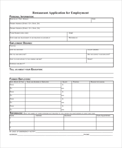 restaurant employee application form