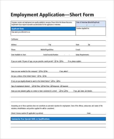 employee application short form