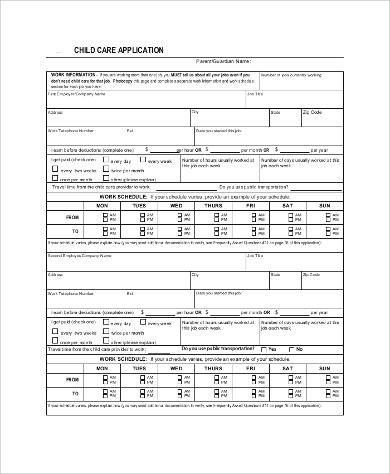 blank child care job application