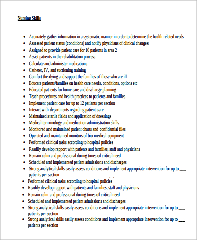 nursing skills for resume in pdf
