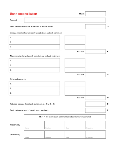 bank reconciliation statement form