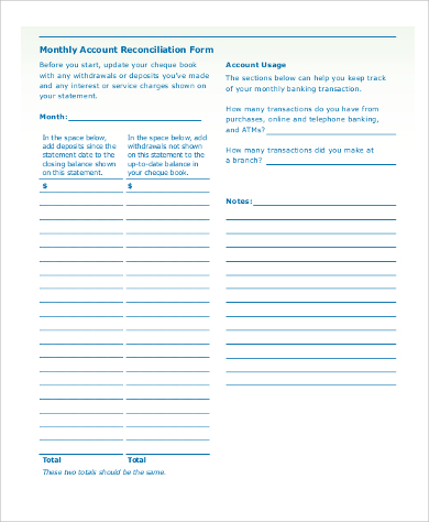 monthly bank account reconciliation form