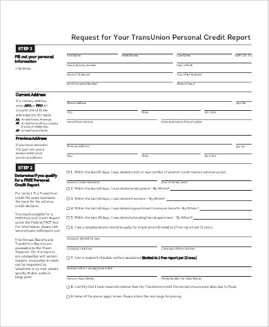 annual personal credit report form