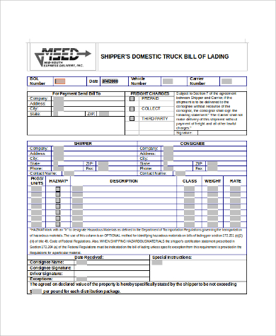 shipper’s domestic truck bill of lading pdf