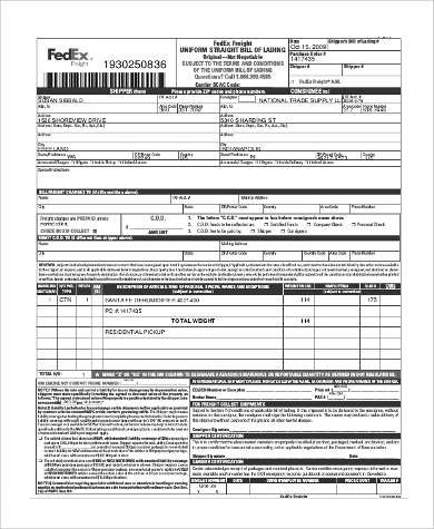 Bill of lading sample