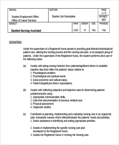 student nursing assistant job description