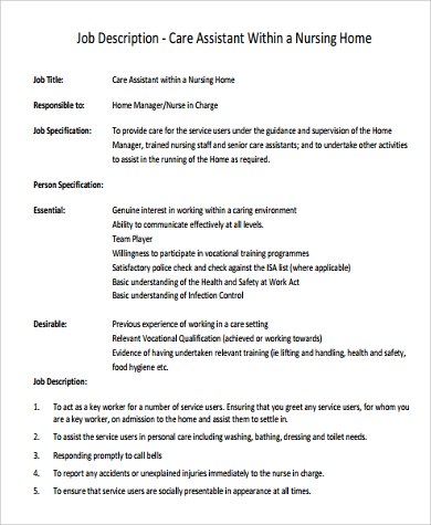 assistant job nursing description care sample