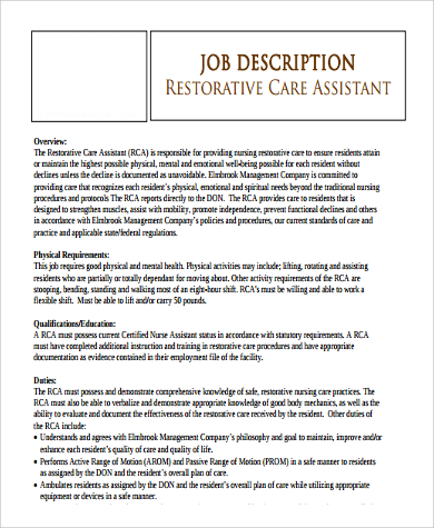 restorative nursing care assistant job description