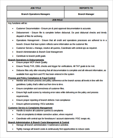 manager job description operation branch sample templates