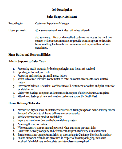 sales support assistant job description