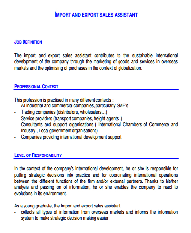 sales export assistant job description