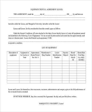 equipment rental agreement form