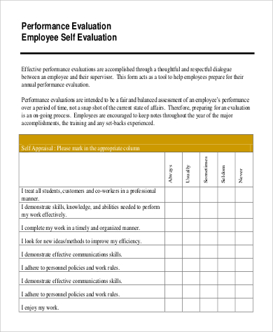 Where can you find examples of self-evaluations?