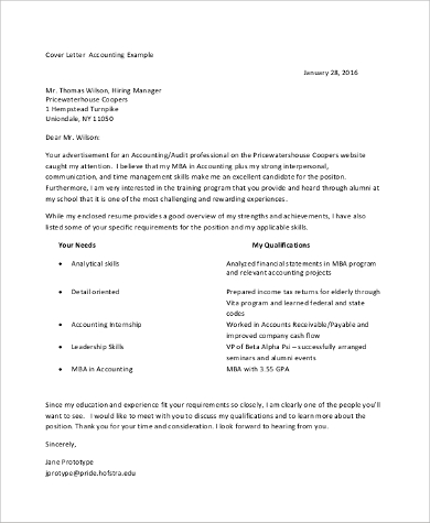 Cover Letter Accounting Internship Examples