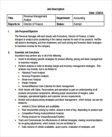 revenue management analyst job description