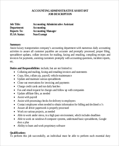 Assistant Accountant Duties And Responsibilities Pdf : Accountant Job Description Template - 12+ Free Word, PDF ... / An accounting assistant performs basic bookkeeping duties, either manually or with the use of accounting software such as quickbooks or microsoft money.