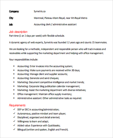 FREE 9 Sample Accounting Assistant Job Descriptions In PDF MS Word   Accounting Clerk Assistant Job Description 