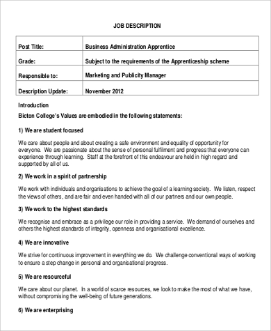 job business administration description apprenticeship sample