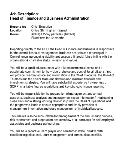 Financial And Administrative Manager Job Description / Financial counselor job description : A bachelor's degree in finance, accounting, economics, or business administration is required.