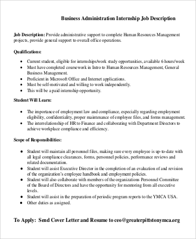 job business administration description internship sample word