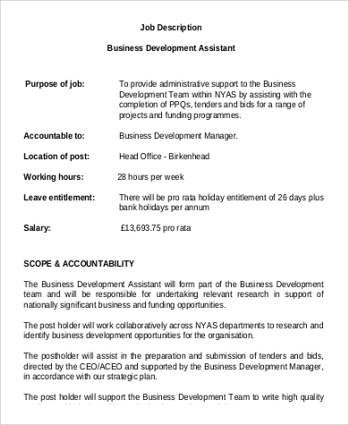 assistant business development manager job description