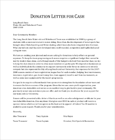 donation letter for cash