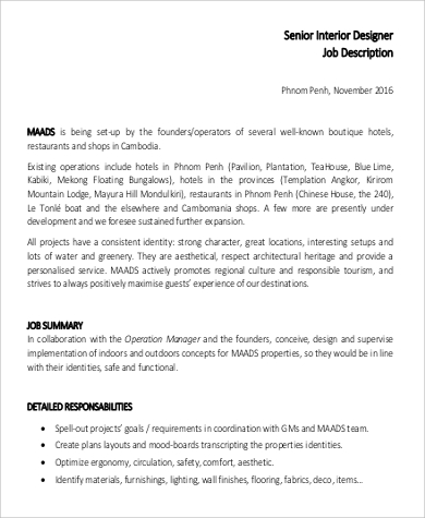 sample senior interior designer job description