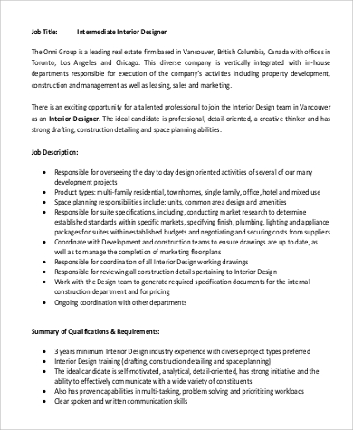 Intermediate Interior Designer Job Description 