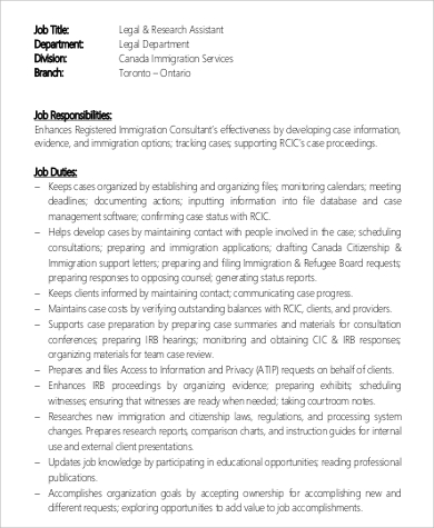 legal research assistant job description