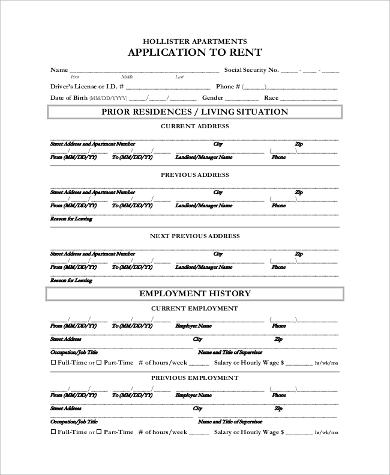 sample apartment rental application