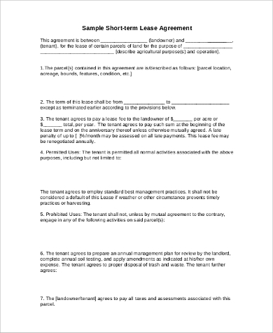 sample short term lease agreement form1