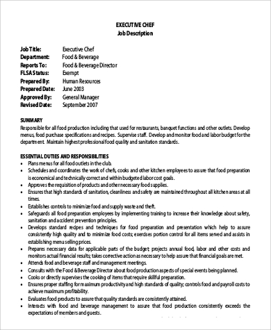 Job Description Example Chef   Executive Chef Job Description Duties 