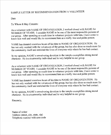 medical recommendation letter volunteer of Sample  Word Recommendation  10 PDF,   in of Examples Letter