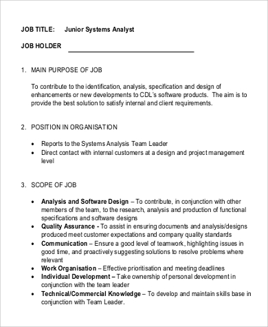 junior system analyst job description