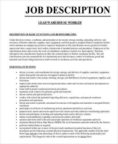 lead warehouse worker job description