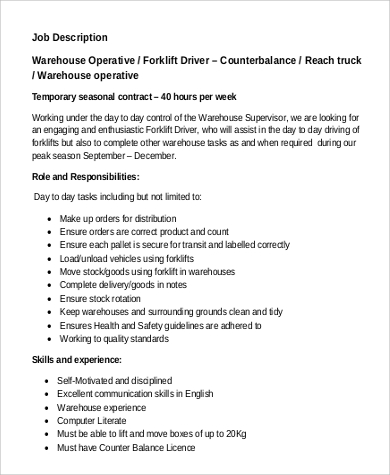 warehouse worker forklift job description