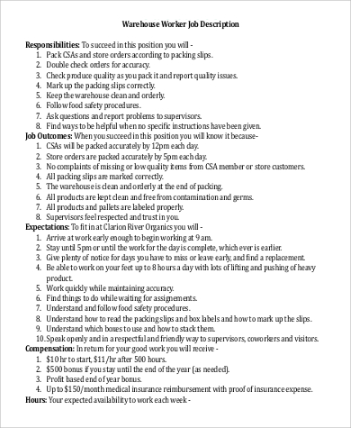 warehouse worker job description responsibilities