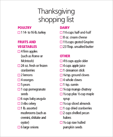 thanksgiving shopping list printable